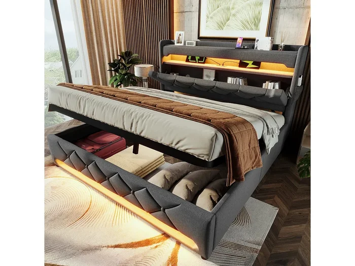 Cama doble con almacenaje de 140 x 200 cm, lino gris, para adultos, con carga USB e iluminación LED, con almacenaje hidráulico, sin colchón