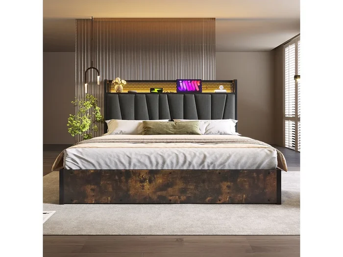 Cama doble con baúl 140×200 cm de metal con iluminación LED y USB, cabecero y somier de listones de madera – Gris (sin colchón)