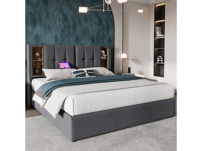 Cama doble con carga inalámbrica USB tipo C,estructura de 140 x 200 cm.