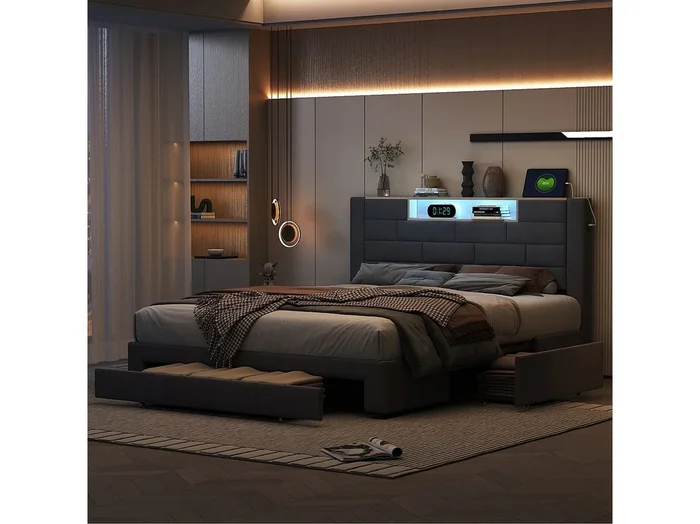 Cama doble de 140×200 cm en terciopelo gris, 3 cajones, cabecero LED con USB-C, somier incluido