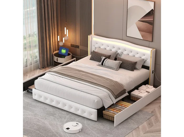 Cama doble de 140 x 200 cm con base, 4 cajones, carga USB, listones de madera y LED – Blanco