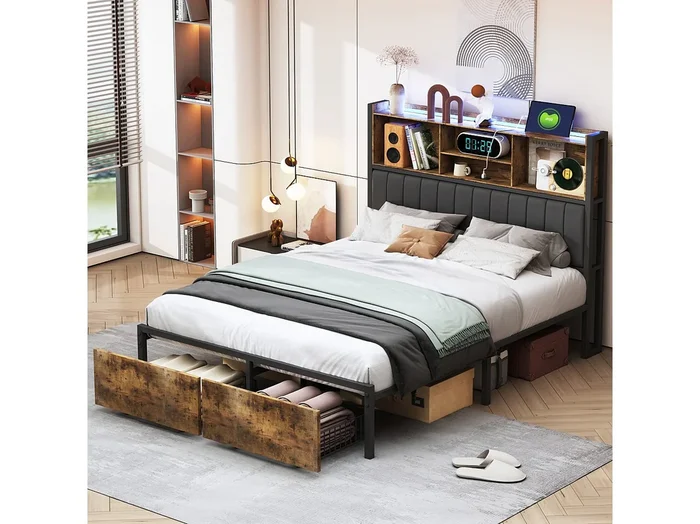 Cama doble de 140 x 200 cm con LED, estructura de metal, 2 cajones, cabecero con almacenaje y somier de láminas.