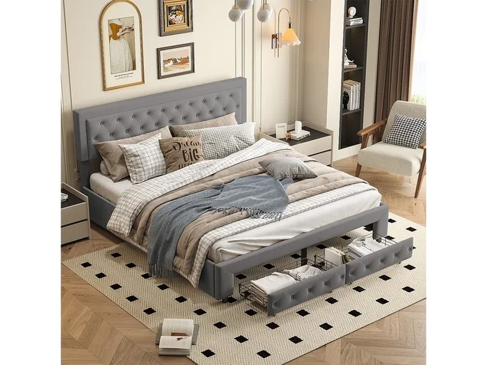 Cama doble de 180 x 200 cm con almacenaje y cajones, terciopelo, somier de láminas, cama hidráulica, gris