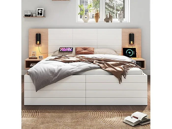 Cama doble de madera 140 x 200 cm, con cajones, luz de lectura, mesilla de noche, conjunto roble + blanco