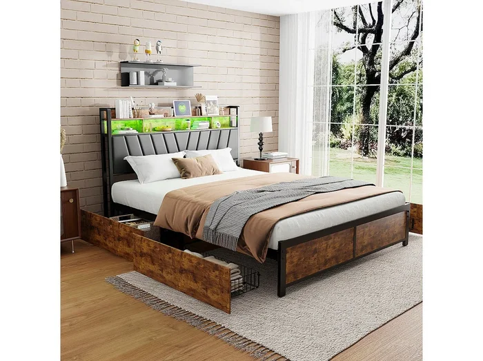 Cama doble de metal 180×200 cm, con LED y USB, 4 cajones, con somier de láminas, Color negro