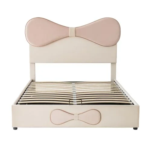Cama doble hidráulica tapizada, cabecero ajustable con estampado de pajarita, somier de láminas de metal, moderna cama con almacenaje, terciopelo, beige, 140 x 200 cm