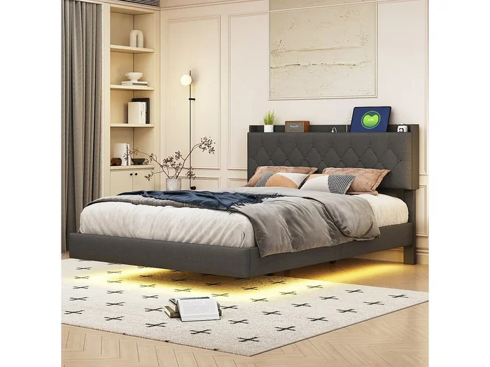Cama doble LED suspendida 140x200cm, en tejido de lino, con somier y cabecero con puerto de carga USB, gris