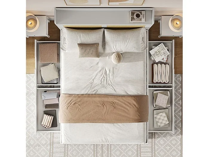 Cama doble para adultos de 140 x 200 cm, de madera maciza, con decoraciones de ratán, con cajones, sin colchón, color blanco.