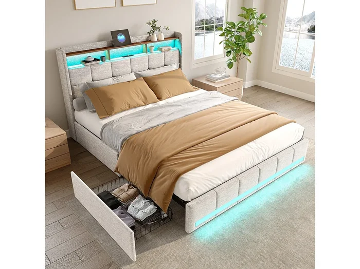 Cama doble tapizada 140×190 cm, con 4 cajones de almacenaje, LED, estación de carga USB, beige