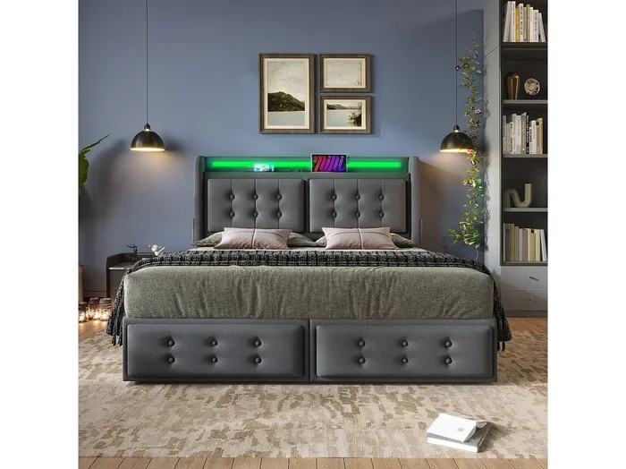 Cama doble tapizada 140×200 con cabecero Led y cargador USB C + 4 cajones, gris (sin colchón)