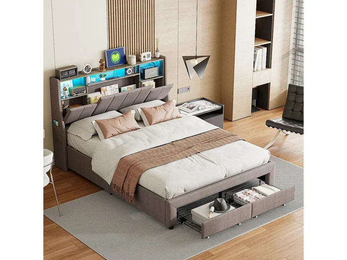 Cama doble tapizada, 160 x 200 cm, LED, con espacio de almacenaje, con somier de láminas, Gris