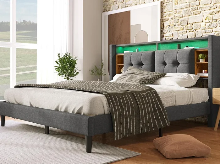 Cama doble tapizada 160x200cm en lino con LED y puerto de carga USB – somier – Gris