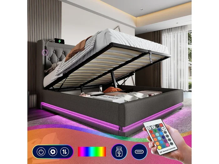 Cama doble tapizada de 140 x 200 cm,tela de algodón gris,con canapé hidráulico.