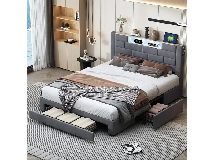 Cama doble tapizada de 160 x 200 cm, con canapé y 3 cajones, con USB y LED, terciopelo gris