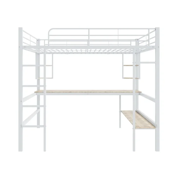 Cama entrepiso de hierro – 140×200 cm – con escritorio y 5 estantes – Blanco