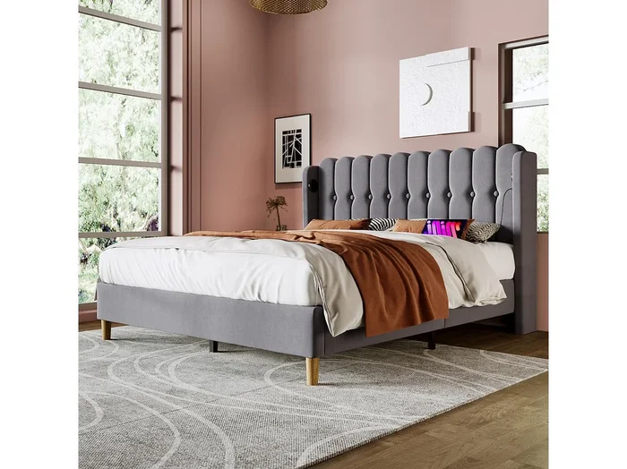 Cama gemela tapizada gris con somier de carga USB tipo C de 140 x 200 cm con soporte plano para fideos
