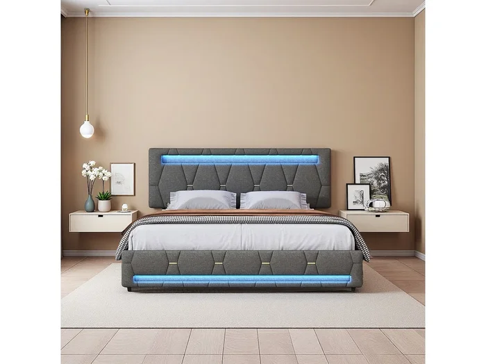 Cama gris con canapé de 140 x 200 cm con luces LED RGB, 4 cajones, Tela de lino, Cabeceros ajustables, Luz controlada por control remoto y app