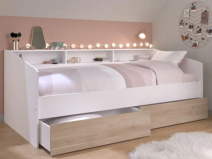 Cama individual 90 x 190/200 cm con almacenamiento – Blanco y natural + Somier – PAULETTE