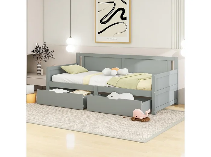 Cama individual 90x200cm con 2 cajones, estructura de madera maciza, con somier de láminas, color gris