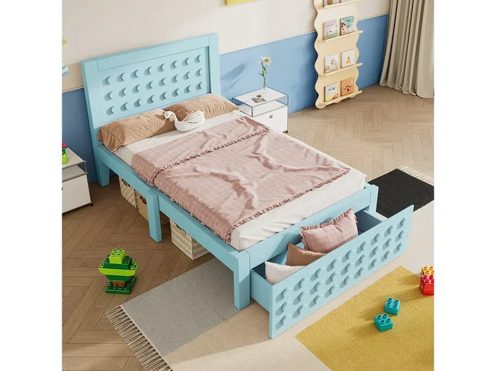 Cama individual de 90 x 200 cm con 1 cajón y somier de láminas, diseño creativo azul – sin colchón