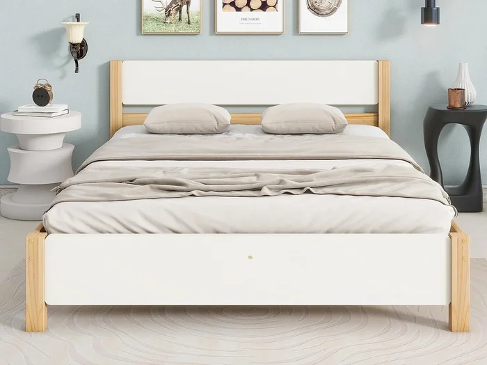 Cama individual estructura de madera 140×200 cm – Blanco