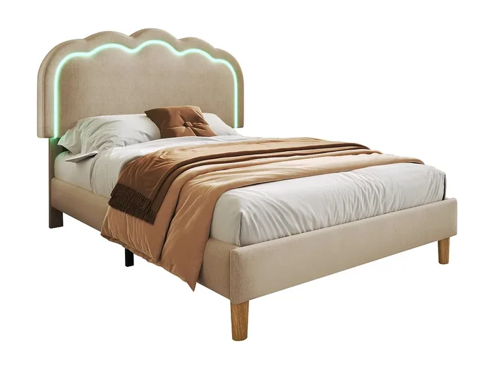 Cama individual LED beige tapizada 90 x 200 cm, somier con soporte plano de fideos y cabecero regulable