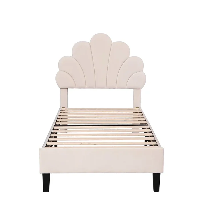 Cama individual tapizada en terciopelo – 90x200cm – cabecero en forma de flor – con somier – Beige