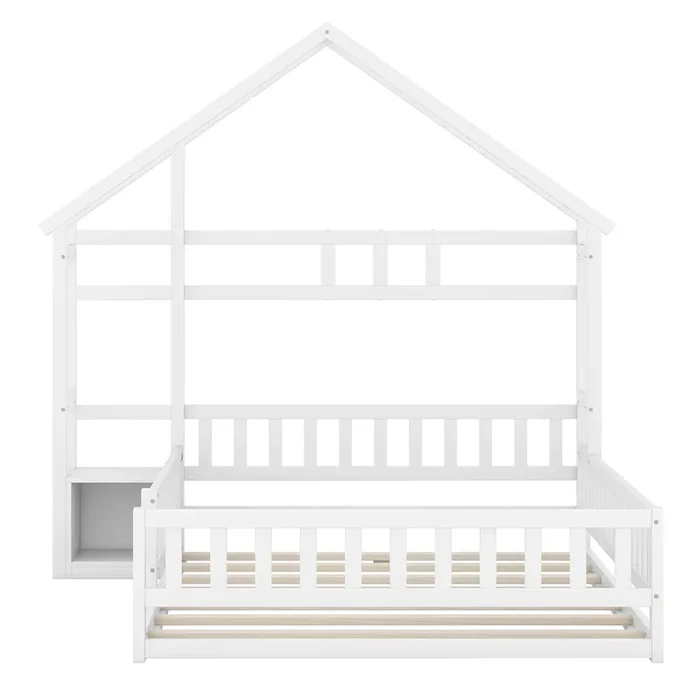 Cama infantil 140×190 cm – Cama baja, cama tipo casa con barandilla, cama con mesitas de noche – Blanca