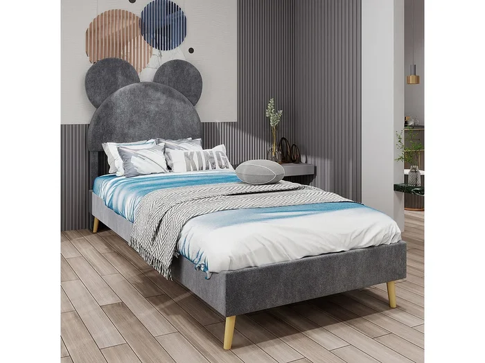Cama infantil 140×200 cm – Cama adulto con cabecero de dibujos animados y patas de madera – terciopelo gris – colchón no incluido