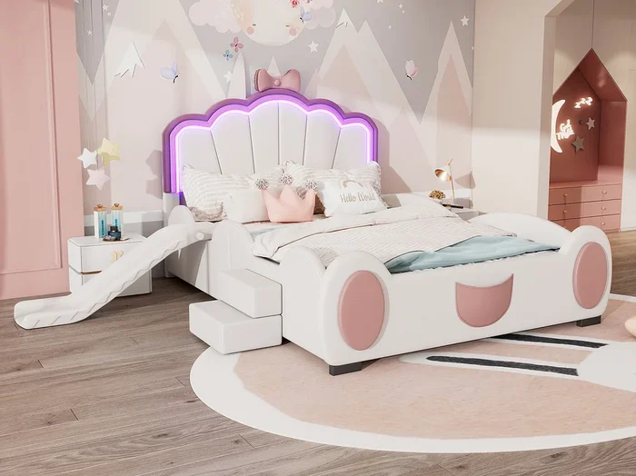 Cama infantil 140 x 200 cm con tobogán y escaleras, tapizada en piel sintética, LED, somier de láminas, rosa y blanco