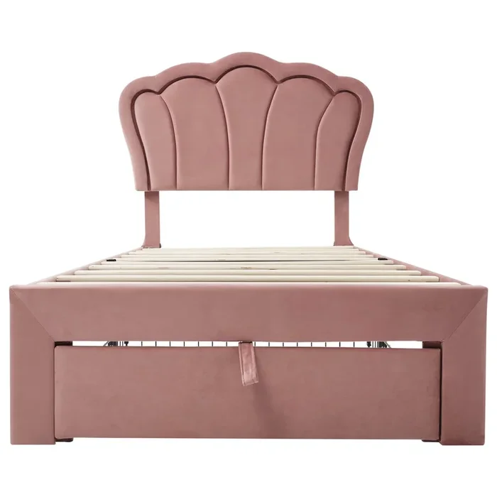 Cama infantil 90×190 cm en terciopelo con cajones y LED de control APP – Rosa
