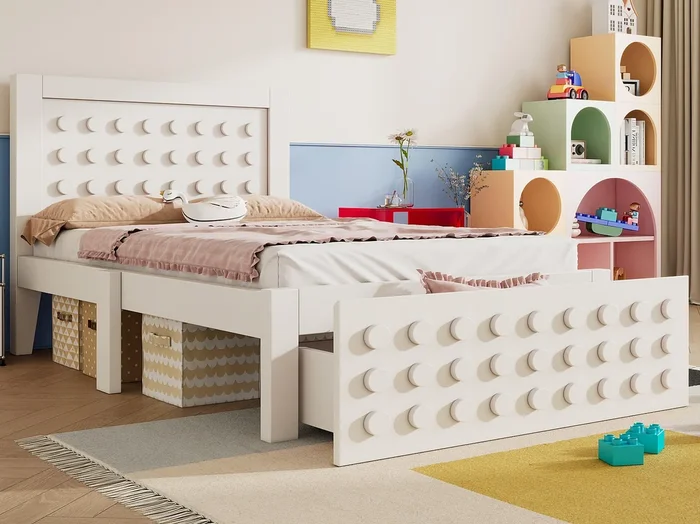 Cama infantil 90×200 cm – con cajones y almacenamiento bajo la cama – con somier de láminas – MDF – Blanco (sin colchón)