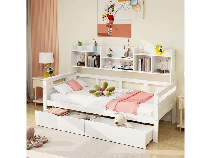 Cama infantil 90×200 cm – Estructura de cama con cajones y estantes – madera blanca – sin colchón