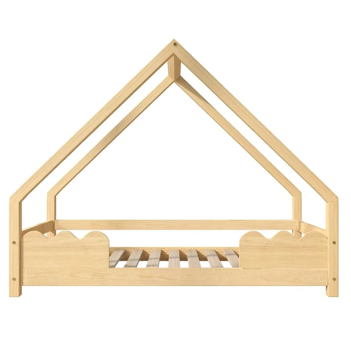 Cama infantil 90×200 cm con barrera de seguridad y diseño de casita de madera maciza – Natural