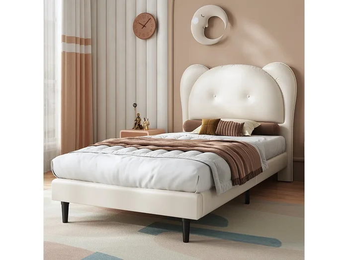 Cama infantil 90 x 200 cm – Cama individual con cabecero con forma de animal – PU beige – sin colchón