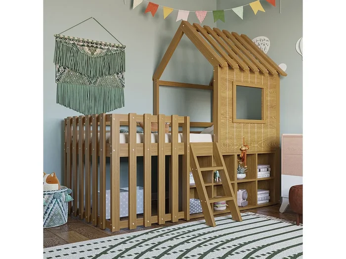 Cama infantil 90x200cm estilo casa de madera maciza con ventana de techo almacenaje Madera natural