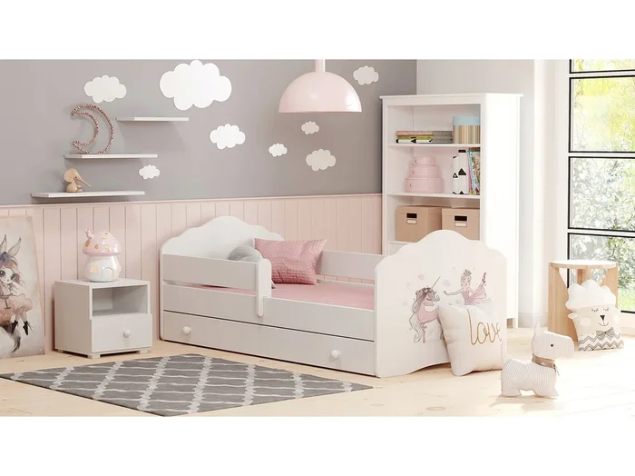 Cama Infantil Blanca 140×70 cm Dibujo Niña Unicornio con Cajón y Barandilla – Incluye Colchón de Espuma, Estructura Completa 144x78x65 cm