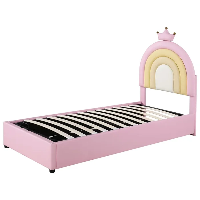 Cama infantil con canapé, cama tapizada para niñas con somier de láminas y bonito cabecero regulable en altura, PU, ​​rosa, 90x200cm