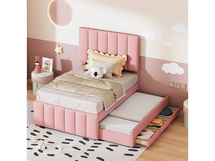 Cama infantil de 90×200 cm en tela rosa con cama nido y cajones – Revestimiento suave, cama individual multifuncional