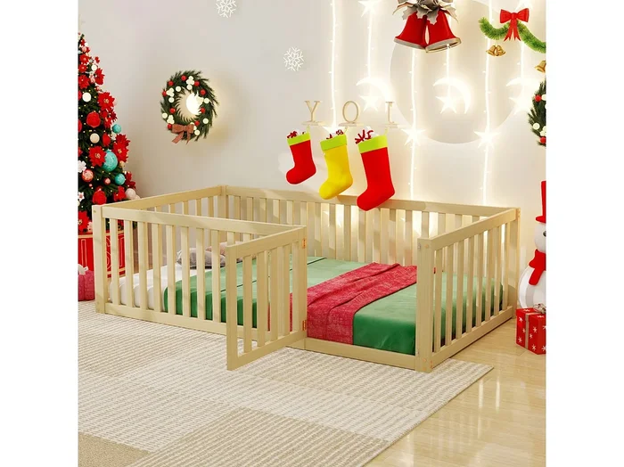 Cama infantil de 90 x 200 cm con valla y puerta, para niños y niñas, color madera.