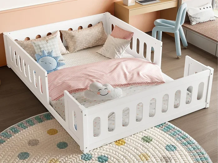 Cama infantil de madera 140×200 cm – con barandillas – MDF + madera maciza – Blanco (colchón no incluido)