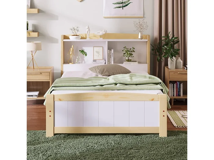 Cama infantil individual 90×200 cm con almacenaje en madera y MDF – blanco y natural