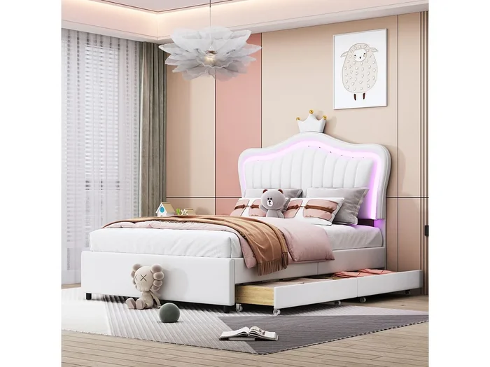 Cama infantil LED con 2 cajones, somier de láminas y cabecero con corona, en polipiel, color blanco 90x200cm