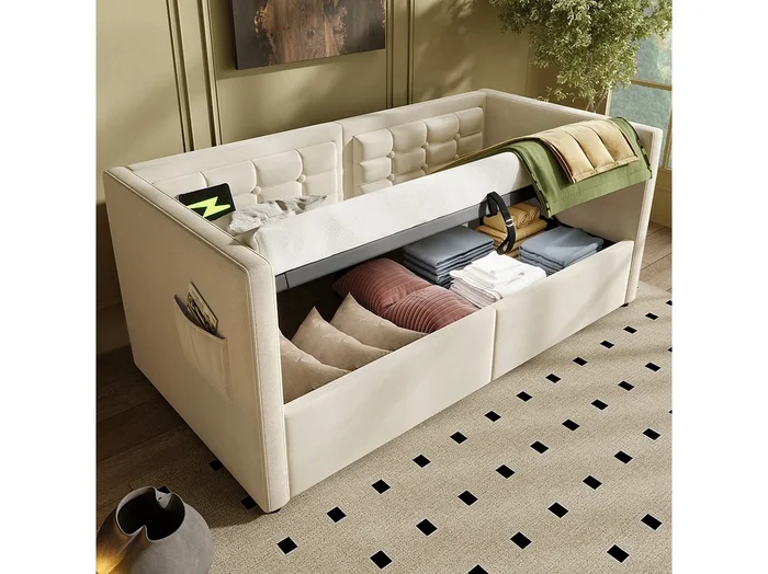 Cama nido 90×200 cm – Cama individual con cargador USB y bolsa de almacenaje – terciopelo beige – sin colchón