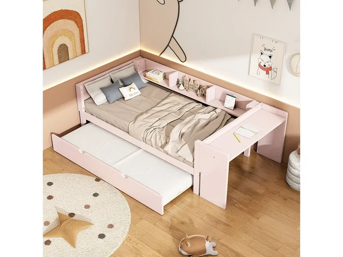Cama nido 90×200 cm – Estructura de cama con escritorio y 3 estantes – almacenaje abierto – madera rosa