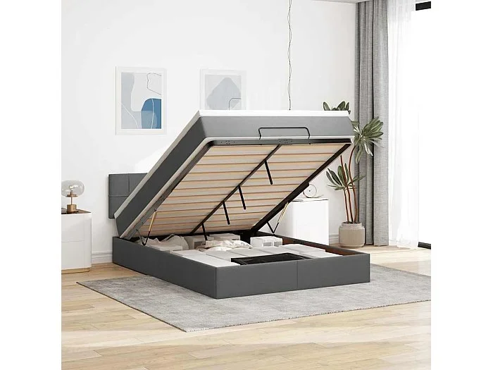 Cama otomana con colchón gris oscuro 140×190 cm tela