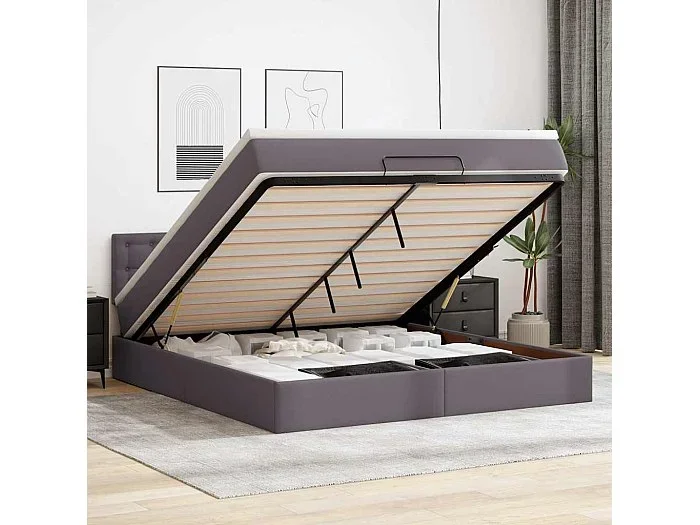 Cama otomana con colchón y LED Gris 160x200cm piel sintética
