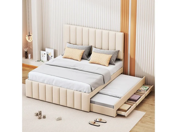 Cama para adulto de 140×200 cm con cama nido de 90×190 cm con cajones, en lino, sin colchón, color beige.