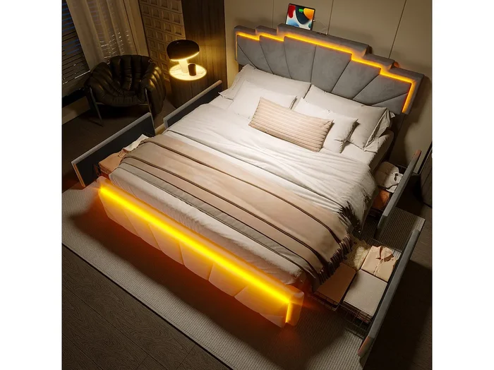 Cama para adultos 140×200 cm con 4 cajones y puerto USB tipo C, cabecero ajustable, tapizada en terciopelo gris, sin colchón