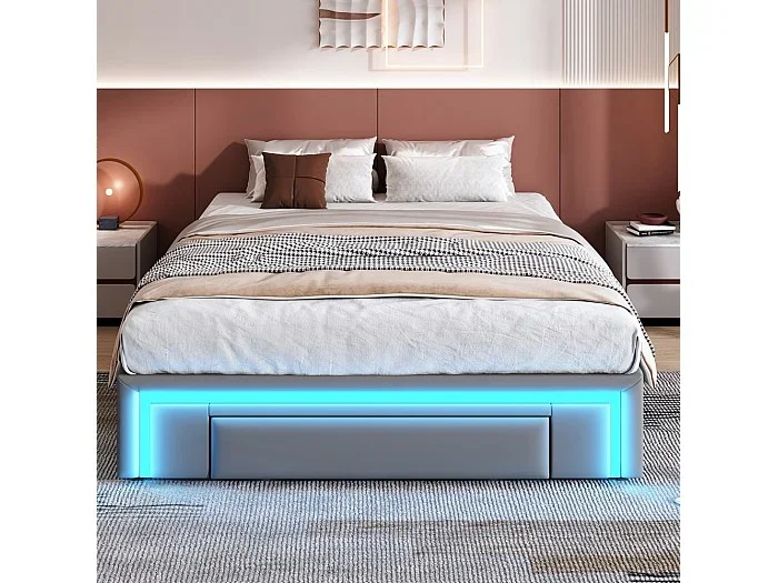 Cama para adultos 140 x 200 cm, con cajones, sin cabecero, tira LED, metal, gris